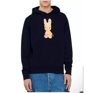 Men's Sandro Paris Sweatshirt Hood Hoodie Rabbit Bunny Black Cotton Fleece S NWT